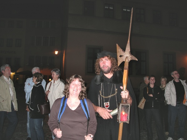 Judy with the Night Watchman! 
He gives tourists fascinating insights into life in a medieval town.