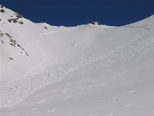 Top of avalanche. Part 3: me face down I thought...Nope I was face up and yeah ha my left hand broke through. Was able to extricate myself before anyone got to me and reassured a freaking Margie she was stuck with me for a while yet. No injuries but tonight I feel like I have been at the bottom of an All Black ruck! I was swept 150 metres approx. Long time to hold the breath.........
My skis will turn up in a couple of hundred years at the bottom of the glacier I guess.