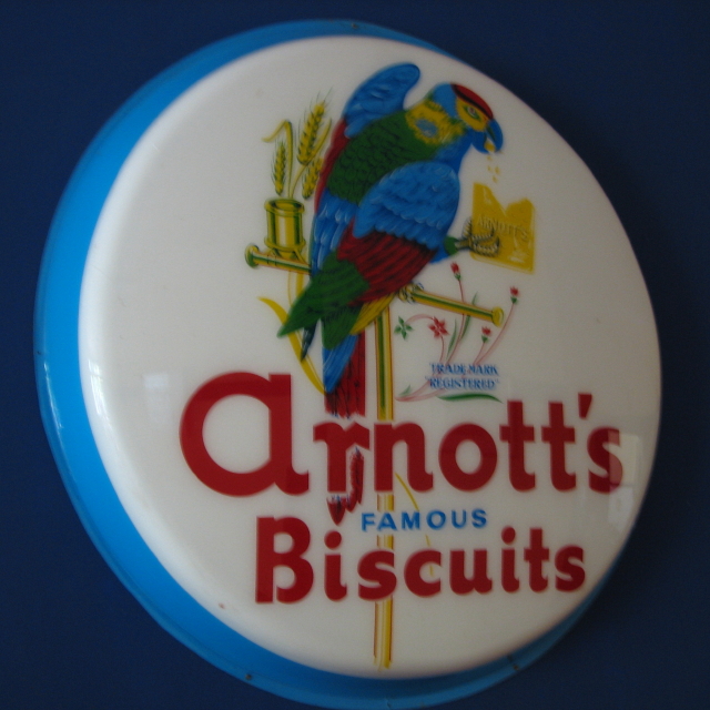 One side of Arnott's sign. Present from BIL 1974. Has move as many times as we have!