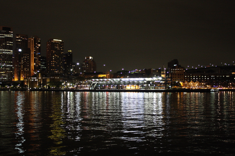 Lt, city skyscrapers with the Museum of Contemporary Art in the foreground, Overseas Passenger Terminal (in the centre) & Rt old Wool-stores with the harbour bridge approach behind. 