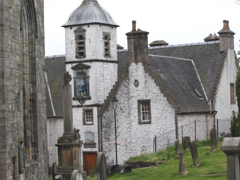 John Cowane, benefactor, nicknamed 'Staneybreeks'. It is said he jumps off the ledge to dance every Hogmanay.
http://www.instirling.com/sight/mary.htm 