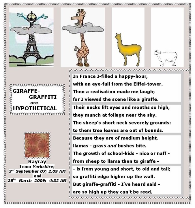 This explanation follows Kathy’s opening comment.  The verse was written over two years ago, and I have since edited it.  It arose out of chat on ‘Easy’ about our favourite pairs of words. Mine were 'giraffe' and 'graffiti'. MizTricia-1 challenged me to write a verse around them.  After I had met that challenge, Kathy presented the wonderful picture of the giraffe with its head above the clouds - now as an illustration.