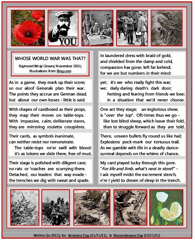 A poem, posted on 6th November 2011, for Armistice Day (11/11/11), and Remembrance Day (13/11/11).  
This has been diligently edited, as the Remembrance Day poem last year proved to be 'a difficult act to follow'.