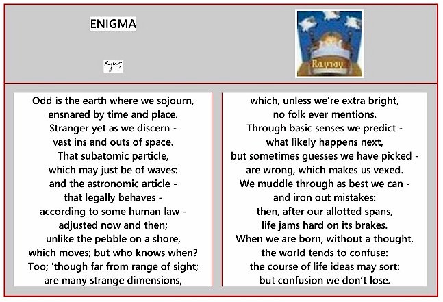 A Rayray Sudokuland poem that  explains the confusion arising from contemplation of our physical world. First posted 12th March 2008.