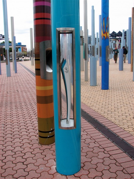 One of the places June and her husband took us was the site of the 2000 Olympics.  In front of Telstra Stadium there is a striking "forest" of poles that contain memories of the Olympics.  One of the poles has the names of the Olympic volunteers, including Ken & June's daughters.