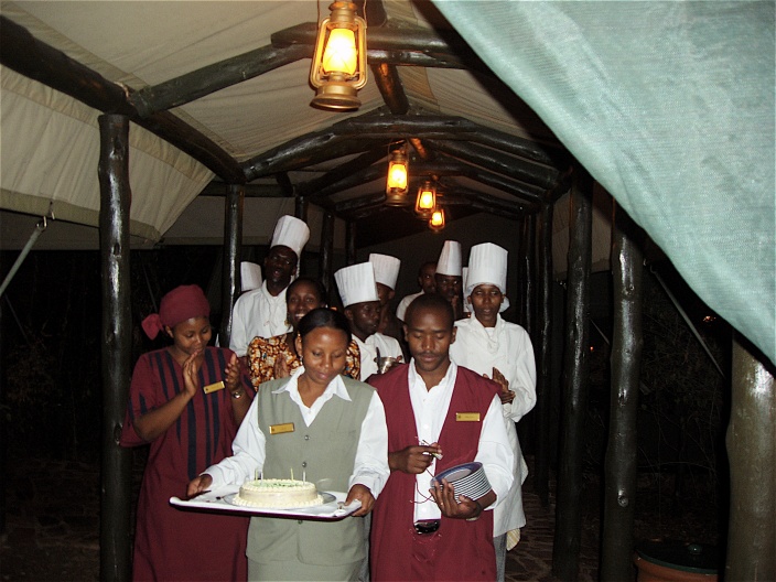 My husband's birthday was celebrated at Kirawira Camp.  The entire kitchen and waitstaff paraded out singing the most wonderful rendition of Jambo Bwana.  It was, indeed, a birthday to remember.