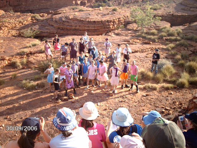 A photo of all the group of boys at a natural ampitheatre at King's Canyon, Northern Territory. 