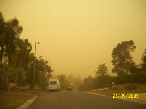 The view towards our house, just past the dark car at midday - visibility about 100 metres.