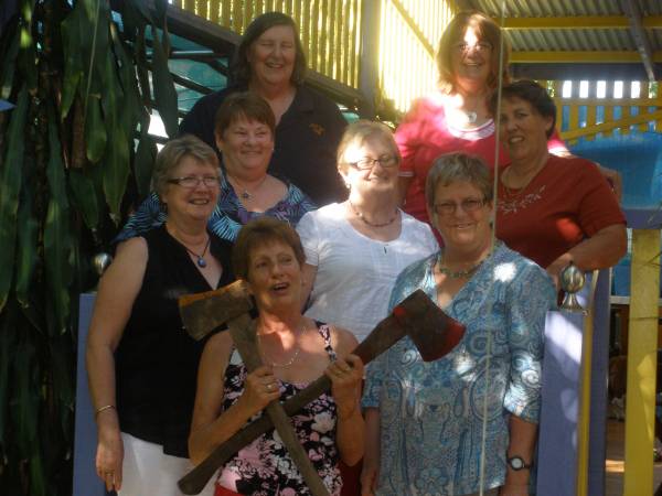 A gathering of Sudoku ax(e) murderers!!
Clockwise from Broni holding the axes.  Broni, Vicki, Kerrie, Bjay, CynB, Grass-hopper/Linda, CP, and in the middle Carmel.