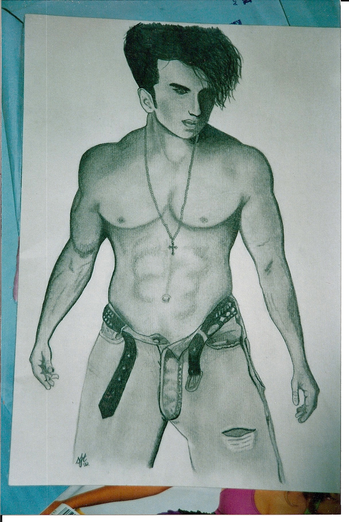 My 4th sketch.
Done while living on a ship in Asia.  No wonder I was drawing naked or 1/2 naked men..