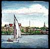 A sailboat on the Cape Fear River in Wilmington NC, with the Arthur P. Murray Federal Building in the background.