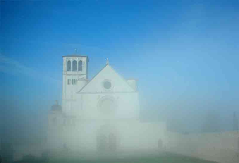 View of the cathedral in foggy morning 