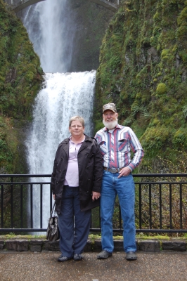 We couldn't find a statue like Keith does, so The lower Fall at Multnomah Falls will have to do. The picture taker was a young fellow, who was part of a school tour group, that I "pressed into service".