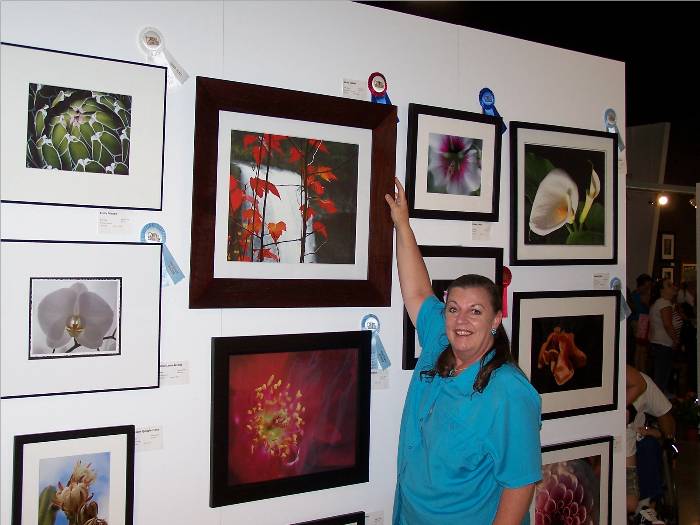 This is a picture of a very proud and excited "me" pointing to the Juror's Choice Ribbon above my entry!  Thanks for all your good luck wishes - - they worked!!  :-)