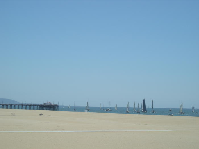 Looking towards Balboa pier at teh boats lining up.