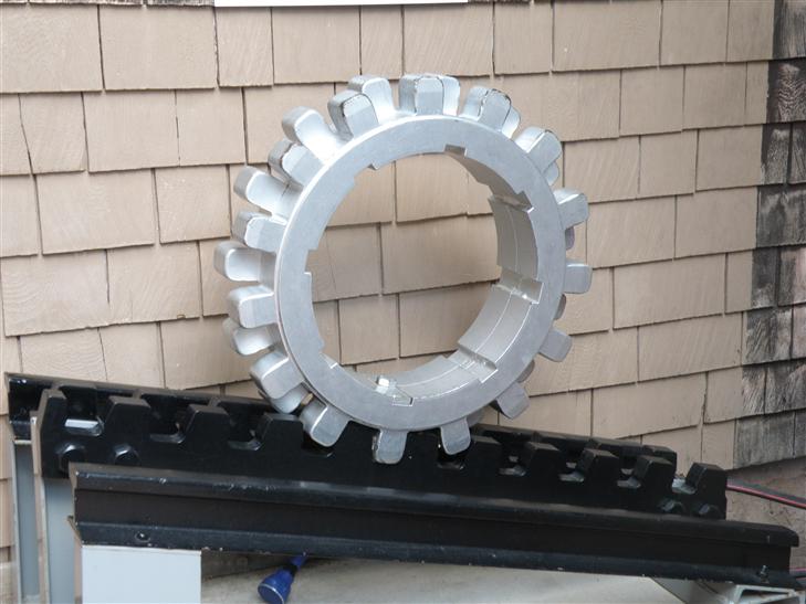 is a little section of the cog rail with a cog drive wheel showing how they fit together. At some times, we went up a 25° grade, which explains the need for a cog system.