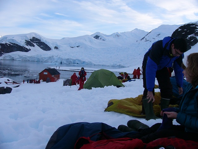 Preparing our sleeping bags for our night ashore on the ice at Paradise Harbour, Base Brown. I'm not sure who chickened out and slept in a tent. What an experience!!