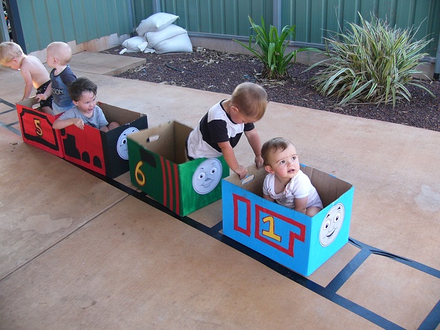 The Thomas the Tank Engine my granddaughter, Kirilee, made for them to play in