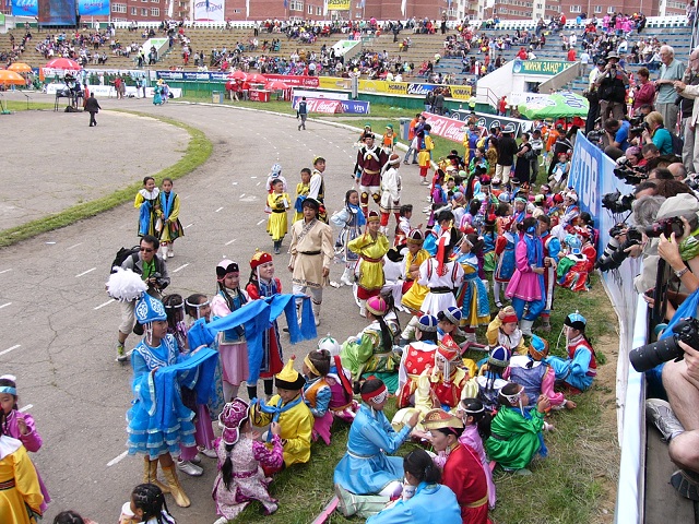 The children in national costumes preparing for the Opening Ceremony of the Naadam Festival in Ulaanbaatar.