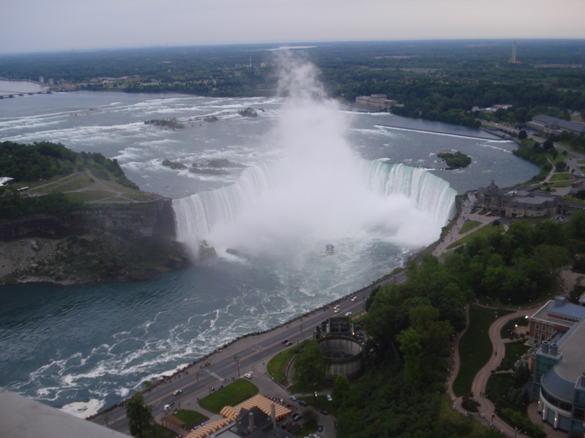 This view of the falls is taken from a rotating restaurant at the top of a tall tower on the Canadian side.