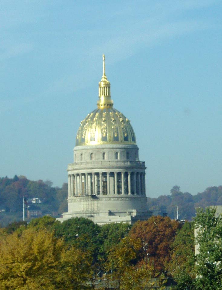 We believe this is the capital building of West Virginia in Charleston.  It is visible from the freeway.