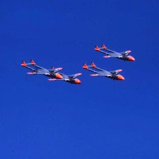 A display formation of Vampire aircraft based at RAAF East Sale.  Unfortunately, not long after this photo was taken the aircraft crashed in perfect formation and all on board were killed.  This photo is a memorial to all those pilots who died that day.