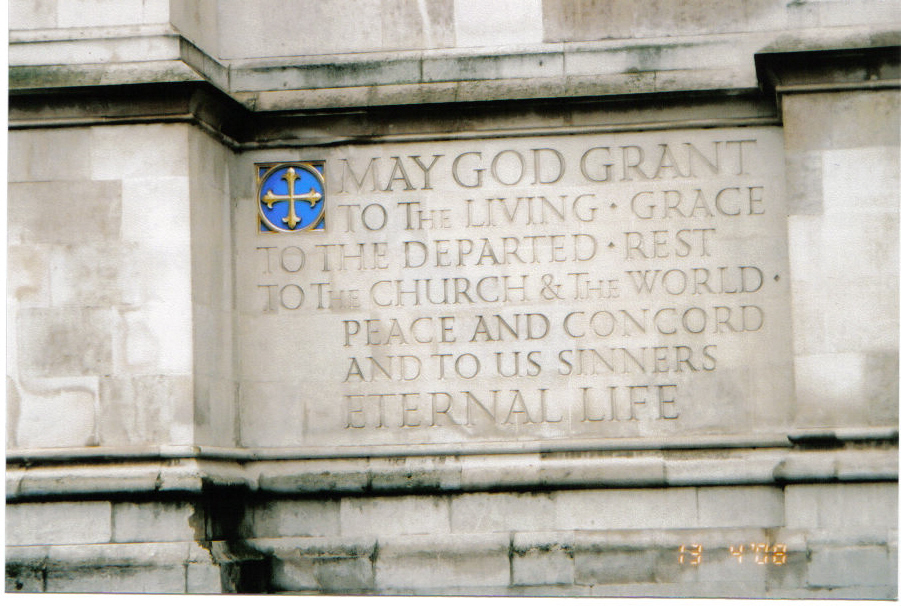 The prayer at Westminster Abbey outside of the West Entrance Memorial. Honorary burial site is slightly to the left and forward of this wall and is marked with flowers and an'in' ground' stone.