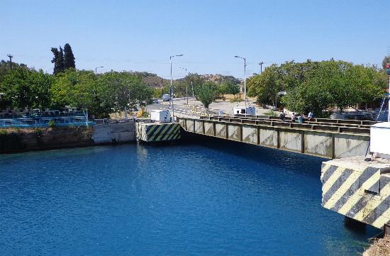 Start of the Corinthian canal. This bridge lowers to beneath the water to allow the boats to enter and exit the Canal.