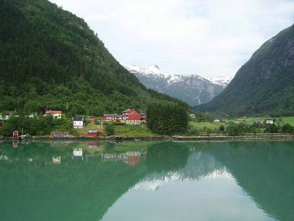 Fjaerland at the end of the Fjaerland Fjord and the Jostedalsbreen Glacia (largest on European Continent) in the background.