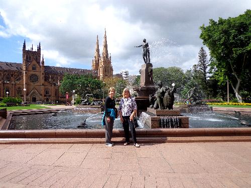 Hyde Park Sydney. Archibald Fountain and St. Marys Cathedral.