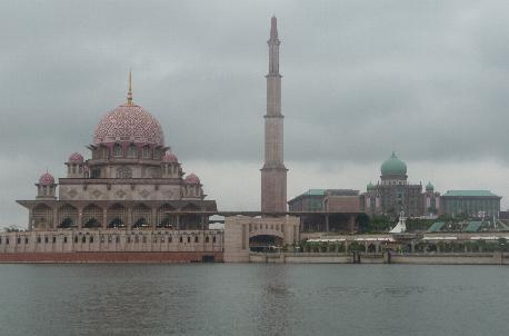 Pink Mosque in Putrajaya. We had to don pink robes to look in the entrance.