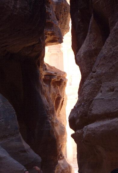 The first glimpse of the "Treasury" when you are walking down the rift in the rocks.