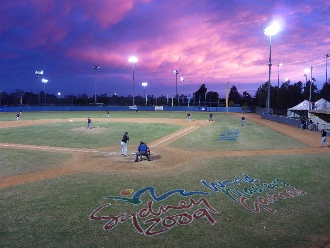 Sunset over the Sydney World Masters baseball. Goldiggers and Redbacks playing (the over 45 players)