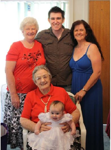 Front Ella on Mum's lap.
Back L to R,myself, Grandson Geoff and D2 Marlene.