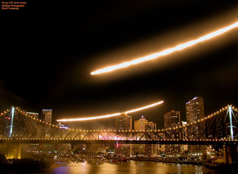 Riverfire over the Storey Bridge.  F111's doing a "dump and burn" at the fireworks.