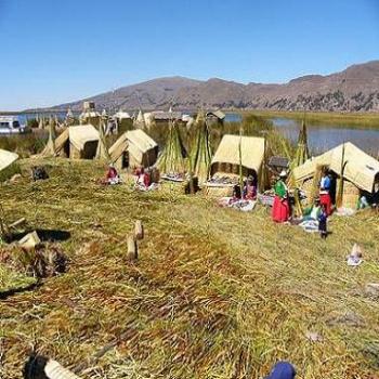 Floating reed island on Lake Titicaca, Puno, Peru