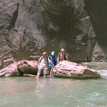 <b>Crossing the stream in the Zion narrows</b>