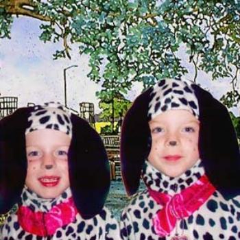 <b>Two Dalmations : My twin granddaughters wearing costumes that I made, with my painting in background / kr</b>