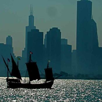 A clash of eras...Replica of one of Christopher Columbus' ships arriving at Chicago's Navy Pier