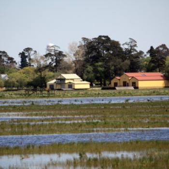 <b>7863  Ballarat High School and Ballarat Grammar School Boatsheds, Durham Point, drought struck Lake Wendouree, Ballarat, Victoria, 29th Oct'09, Kate/Sydney</b>