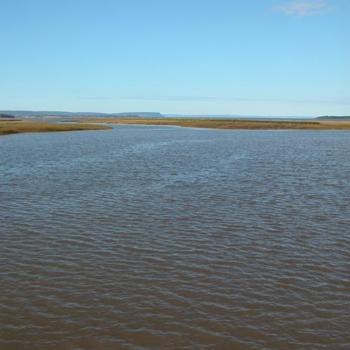 <b>high tide at Wolfville, Nova Scotia, Canada. The high dirt areas are dikes created by the Acadian farmers to reclaim the land.</b>