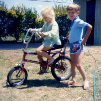 Cousin helping her ride bicycle Sale Victoria 1980 Kate/Sydney