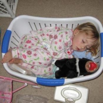 <b>Laura asleep in the clothes basket</b>