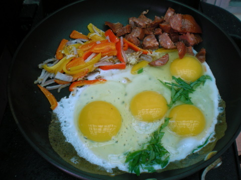 Jaime fell in love with the side burner of the gas grill at our rental house in Stuart, Florida last month.  I took a picture of a very creative brunch he was concocting.  It was delish!