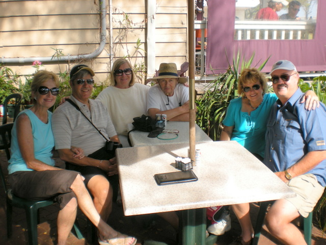 Kathy, Rob, Jane, Jaime, Wanda and Alan, resting at an outdoor cafe after a lovely horse-drawn carriage tour of historic Beaufort, South Carolina.