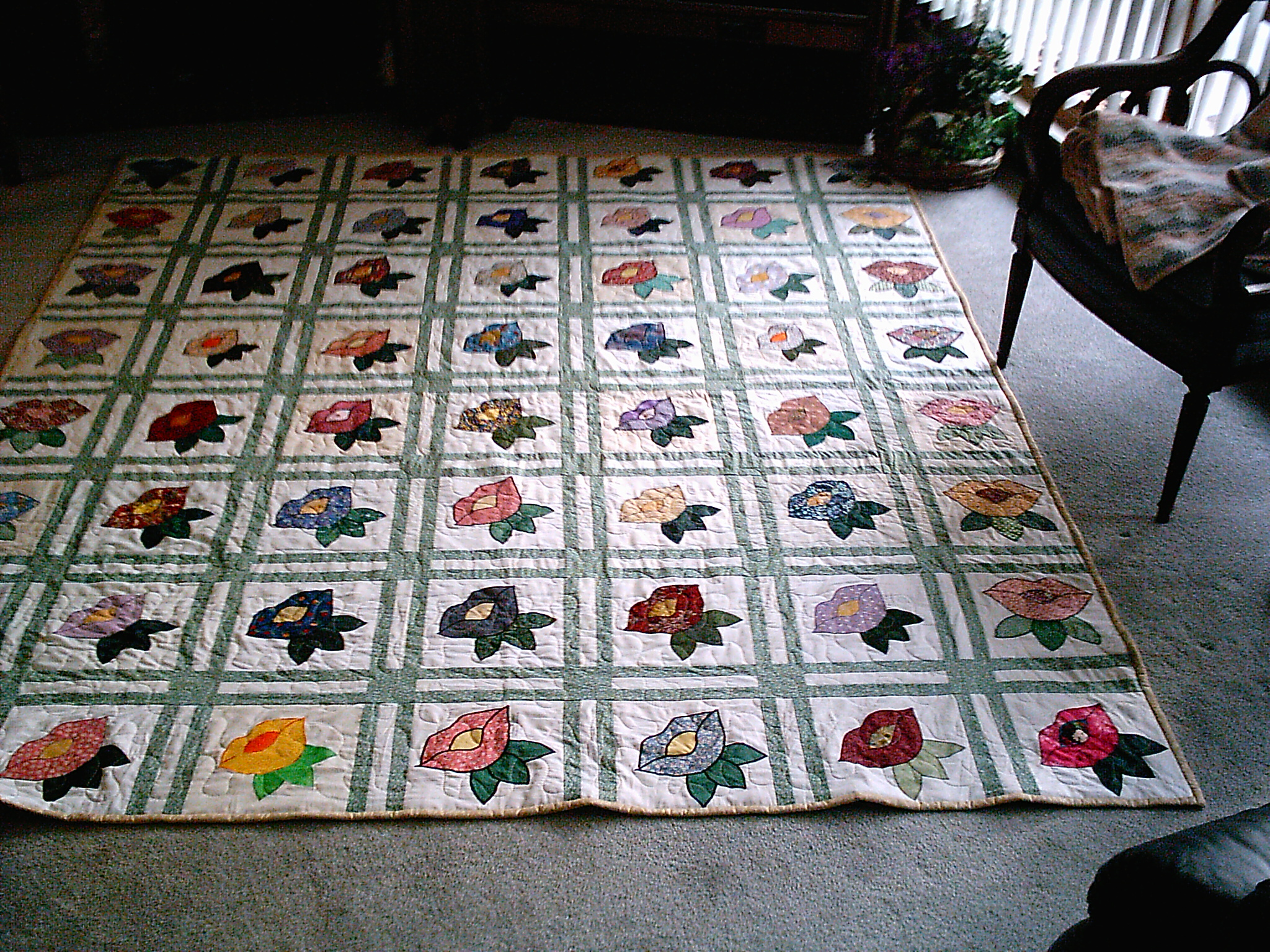 made by me and my cyber quilt friends. I designed it using a ventage blockfrom the 20's called Two Lips , cause the flowers look like lips. Done in 1920's to 30's reporduction fabrics. Sent to England to a member of the group as a comfort quilt. 