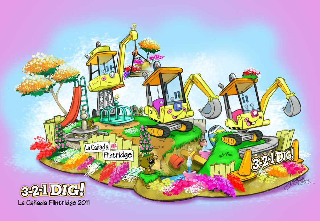 "321 Dig" is the entry for the Tournament of Roses Parade.  For decorating photos (updated regularly) see:

http://www.facebook.com/group.php?gid=47068808686#!/album.php?fbid=10150104295109365&id=537154364&aid=312197¬if_t=photo_album_reply  