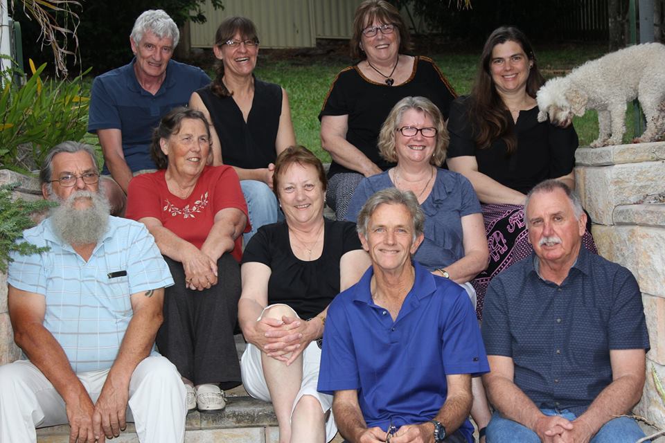 Top (l/r): Terry and Martha (Tyalgum), me, my daughter Karin, Jewel the dog,  
Middle: Grasshopper, Anne, Vicki,   
Bottom: Mr Cee, Col (my Hubby) and Kevin (Vicki's hubby)