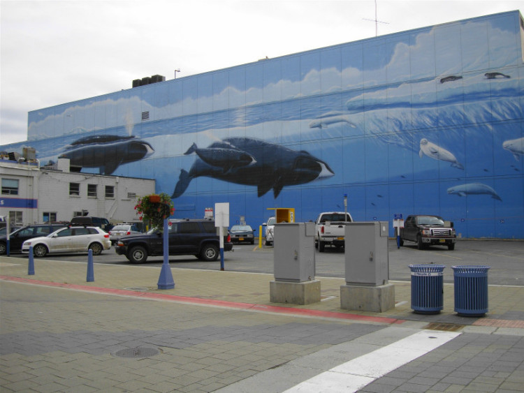 This is a mural painted by Robert Wyland. It is located on the J. C. Penney building in Anchorage AK