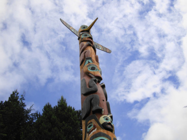 This totem pole is located in the Saxman Native village.